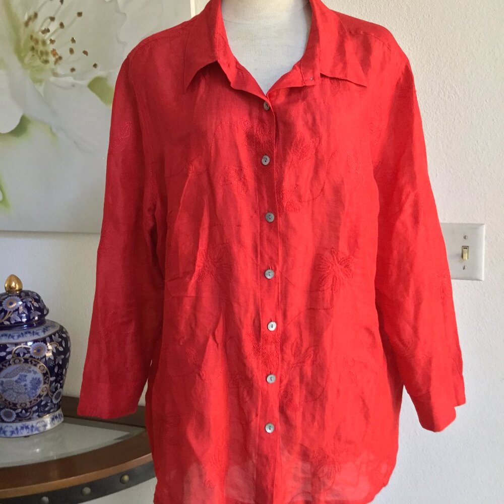 FRENCH LAUNDRY Textured Blouse Button Down 3/4 Sleeve Plus Size Red 2XL